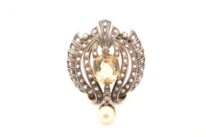 Broche - 19.2 kt. Geel goud Citrien - parel, Sieraden, Tassen en Uiterlijk, Antieke sieraden