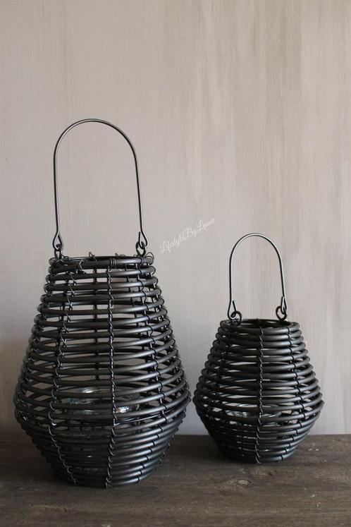 Windlicht zwart rotan look Julide 17 cm, Huis en Inrichting, Woonaccessoires | Kandelaars en Kaarsen, Nieuw, Ophalen of Verzenden