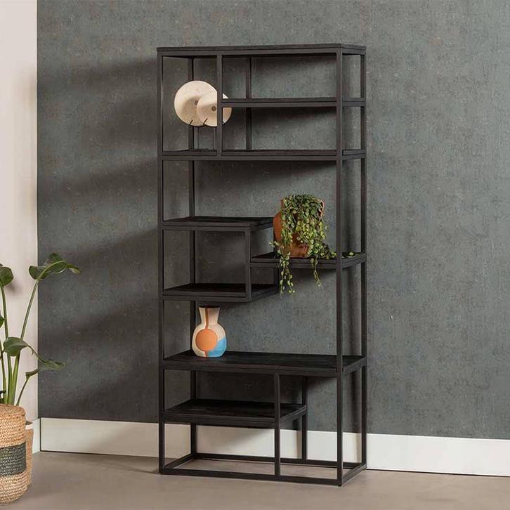 Vakkenkast Mangohout Bowi 80 Zwart, Huis en Inrichting, Kasten | Boekenkasten, 25 tot 50 cm, Nieuw, Overige houtsoorten, 150 tot 200 cm