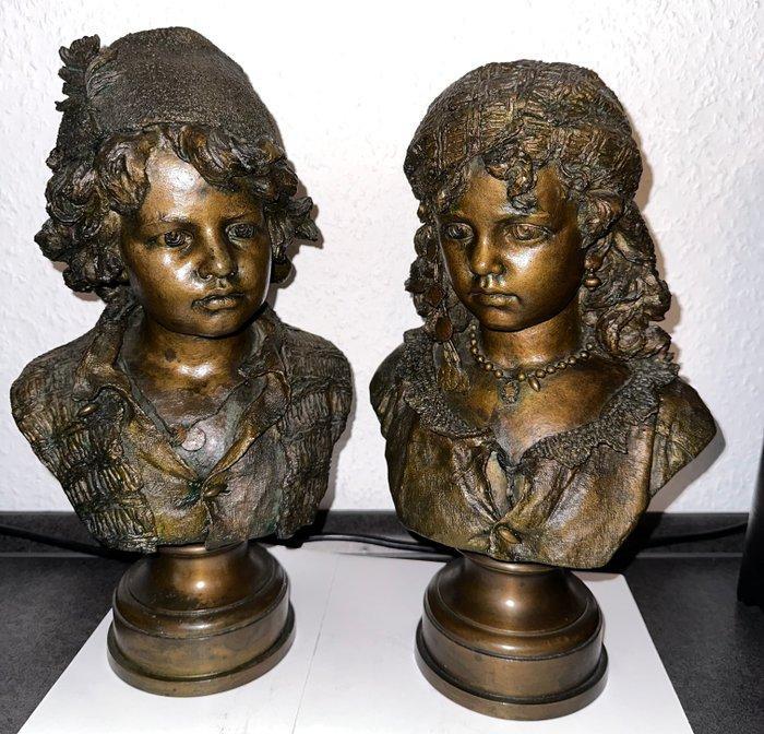 Nach Johann Pollak (1845-?) - sculptuur, Paar Kinderbüsten -, Antiek en Kunst, Antiek | Keramiek en Aardewerk