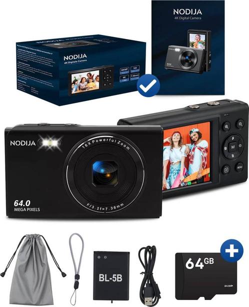 NODIJA® Digitale Camera 4K - Compact Camera 64MP -, Audio, Tv en Foto, Fotocamera's Digitaal, Zo goed als nieuw, Ophalen of Verzenden