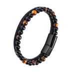 Zwarte Leren Armband met Tijgeroog en Zwarte Obsidiaan, Sieraden, Tassen en Uiterlijk, Armbanden, Nieuw