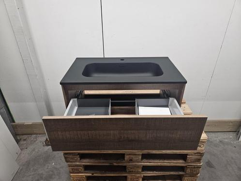 Badmeubel 80 x 46 cm donker hout met mat zwarte wastafel met, Huis en Inrichting, Badkamer | Badkamermeubels, Nieuw, Ophalen of Verzenden