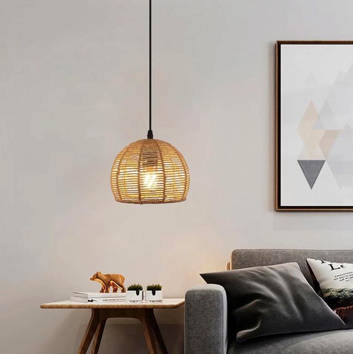 Rotan Plafondlamp – Handgeweven Papier Touwkap Zwarte kabel, Huis en Inrichting, Lampen | Hanglampen, Nieuw, Verzenden