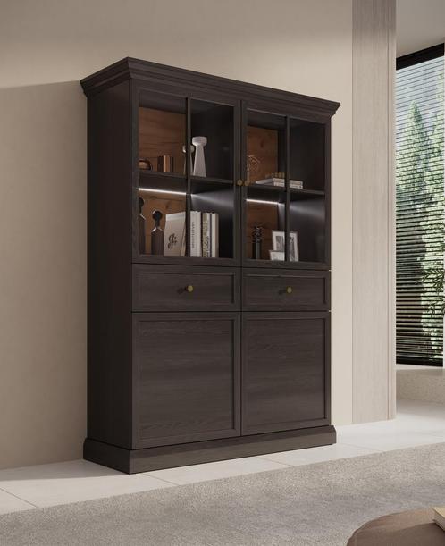 Meubella | Vitrinekast zwart eiken glazen opbergkast 114cm, Huis en Inrichting, Kasten | Vitrinekasten, 25 tot 50 cm, Nieuw, 150 tot 200 cm