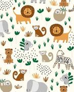 Poplin Katoen Safari Dieren Gebroken Wit, Nieuw, Wit