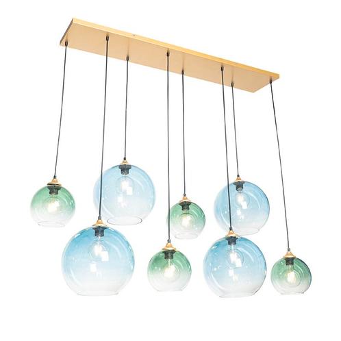 Smart Hanglamp messing met blauw en groen glas 8-lichts, Huis en Inrichting, Lampen | Hanglampen, Nieuw, Glas, 75 cm of meer