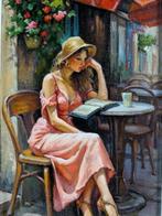 Marco Santini (XX-XXI) - Dama in Rosso al Caffè, Antiek en Kunst, Kunst | Schilderijen | Klassiek