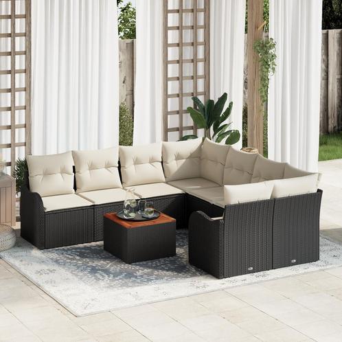 vidaXL Tuin Sofa Set 9 pcs Zwart, wit Groot Riet, stof, hout, Tuin en Terras, Tuinsets en Loungesets, Nieuw, Rotan, Verzenden