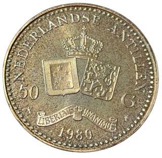 Nederlandse Antillen 50 Gulden 1980, Postzegels en Munten, Munten | Nederland, Losse munt, 50 gulden, Koningin Juliana, Zilver