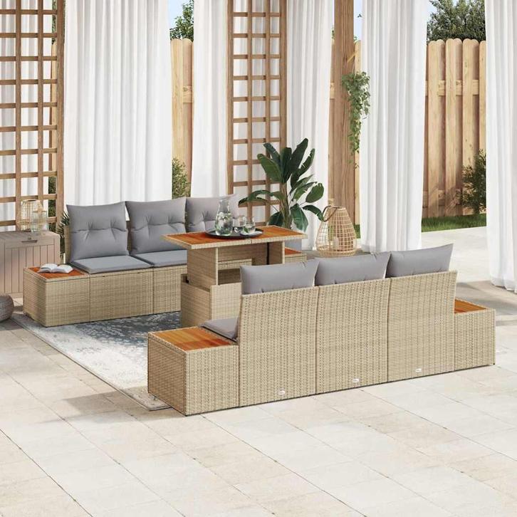 vidaXL Tuin Eetset met kussen met kussen 7 pcs Beige en, Tuin en Terras, Tuinsets en Loungesets, Nieuw, Rotan, Verzenden