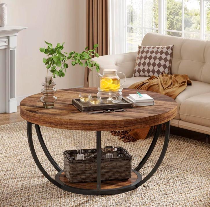 2-Laags Ronde Salontafel – Industriële Stijl 81x81x45cm, Huis en Inrichting, Tafels | Salontafels, 50 tot 100 cm, Rond, Nieuw