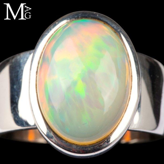 Natuurlijk opaal geelgroene reflecties oranje flitsen Ring, Verzamelen, Mineralen en Fossielen