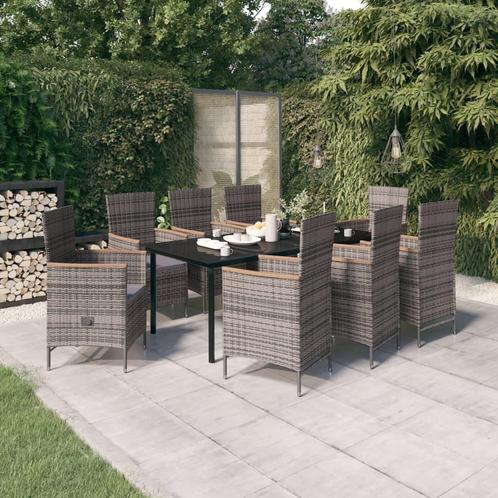 vidaXL 9-delige Tuinset met kussens grijs, Tuin en Terras, Tuinsets en Loungesets, Tuinset, Nieuw, 8 zitplaatsen, Rotan, Verzenden