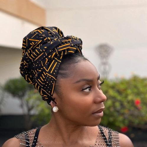 Afrikaanse Zwart / Gele X Bogolan hoofddoek - headwrap, Kleding | Dames, Hoeden en Petten, Nieuw, Ophalen of Verzenden