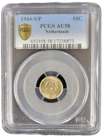 Koningin Wilhelmina 10 cent 1944 S over P AU58 PCGS