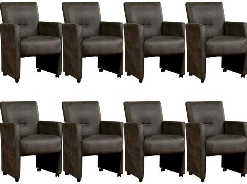 Set van 8 Donkergrijze leren moderne eetkamerfauteuils - Ken, Huis en Inrichting, Stoelen, Vijf, Zes of meer stoelen, Overige kleuren