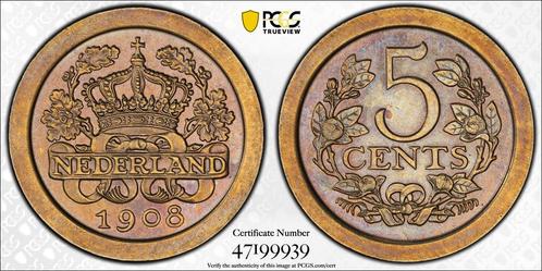 Koningin Wilhelmina 5 cent 1908 Proof PR65 PCGS, Postzegels en Munten, Munten | Nederland, Losse munt, 5 cent, Koningin Wilhelmina