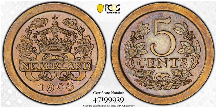 Koningin Wilhelmina 5 cent 1908 Proof PR65 PCGS, Postzegels en Munten, Munten | Nederland, Losse munt, 5 cent, Koningin Wilhelmina