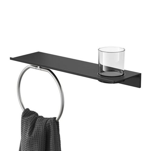Planchet met Glas en Handdoekring Geesa Leev 40 cm RVS Zwart, Doe-het-zelf en Verbouw, Sanitair, Bad, Nieuw, Ophalen of Verzenden