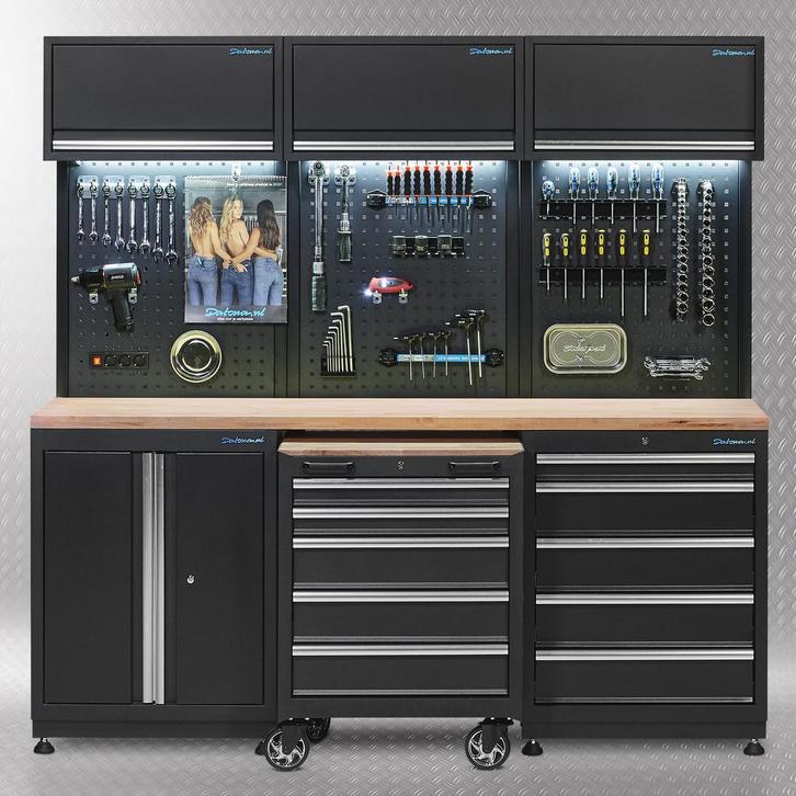 Datona Werkplaatsinrichting PREMIUM met eiken werkblad 204, Doe-het-zelf en Verbouw, Werkbanken, Nieuw, Ophalen of Verzenden