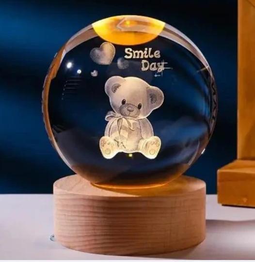 3D kristallen bol lamp - USB oplaadbaar - Beer, Huis en Inrichting, Lampen | Tafellampen, Minder dan 50 cm, Nieuw, Glas, Verzenden