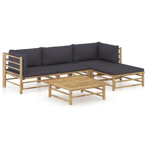 vidaXL 5-delige Loungeset met donkergrijze kussens bamboe, Tuin en Terras, Tuinsets en Loungesets, Loungeset, Nieuw, Hout, Verzenden