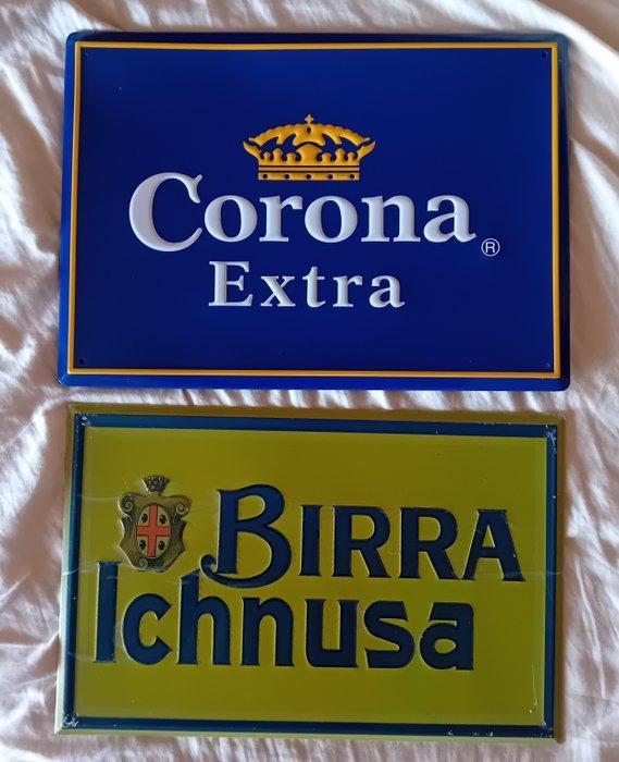 BIRRA ICHNUSA en BIRRA CORONA - Reclamebord (2) - Metaal, Antiek en Kunst, Antiek | Speelgoed