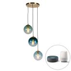 Smart hanglamp messing incl. 3 WiFi ST64 met blauw glas -, Huis en Inrichting, Lampen | Hanglampen, Nieuw, Glas, Art Deco, 75 cm of meer
