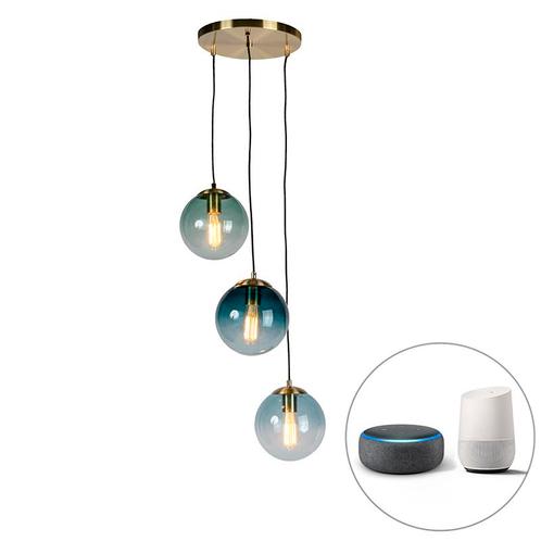 Smart hanglamp messing incl. 3 WiFi ST64 met blauw glas -, Huis en Inrichting, Lampen | Hanglampen, Nieuw, Glas, 75 cm of meer