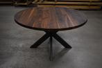 Ronde massief noten houten tafel met zwarte spinpoot 140 cm., Nieuw, 100 tot 150 cm, Industrieel modern, 100 tot 150 cm