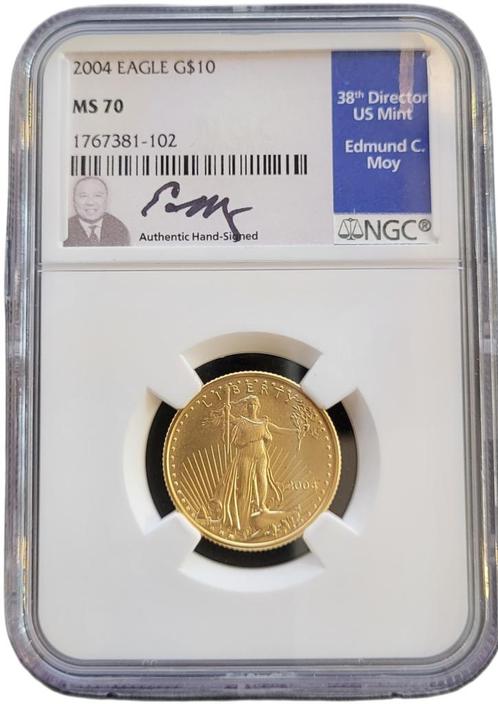 Gouden American Eagle 1/4 oz 2004 Edmund C. Moy signed NGC, Postzegels en Munten, Munten | Amerika, Midden-Amerika, Losse munt