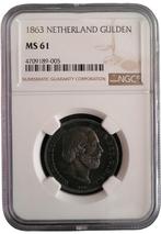 Koning Willem III 1 Gulden 1863 MS61 NGC, Zilver, Losse munt, Verzenden