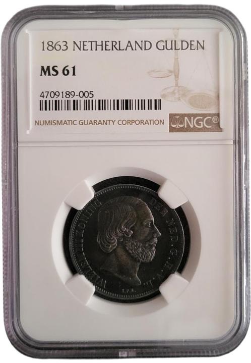 Koning Willem III 1 Gulden 1863 MS61 NGC, Postzegels en Munten, Munten | Nederland, Losse munt, 1 gulden, Koning Willem III, Zilver