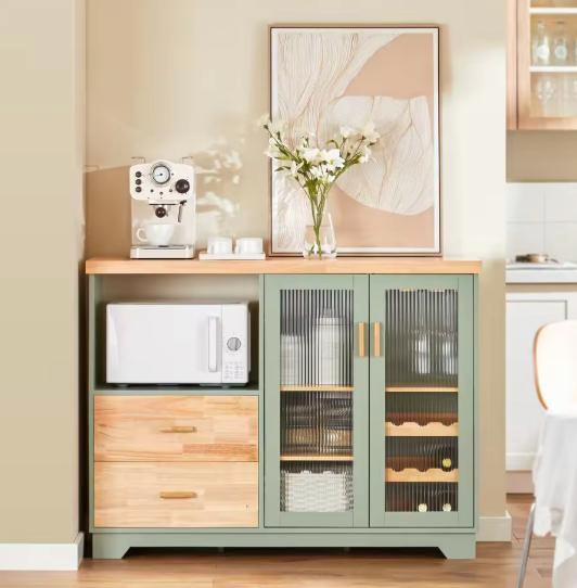 Groen Dressoir met Glazen Deuren – MDF Buffetkast 120 cm, Huis en Inrichting, Keuken | Keukenelementen, Nieuw, Verzenden