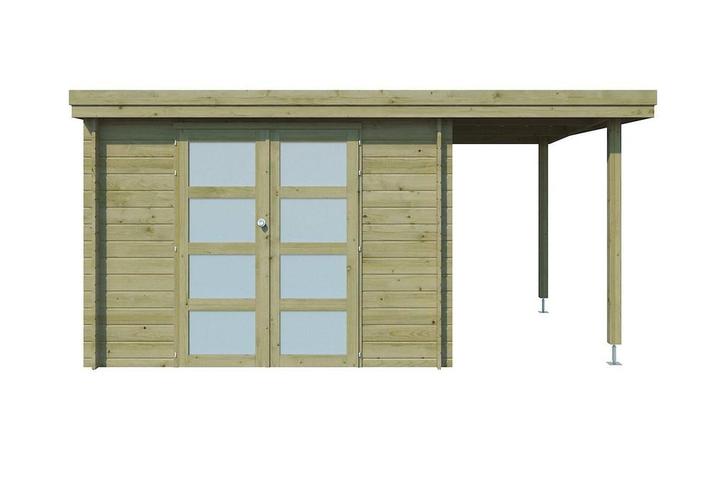 Woodlands Blokhut Oregon met Overkapping Geïmpregneerd 445 x, Tuin en Terras, Tuinhuizen