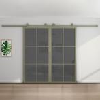 Dubbele stalen schuifdeur - 6 Vlaks - Olijfgroen - Rook glas, 75 tot 150 cm, Nieuw, 150 tot 225 cm, Metaal