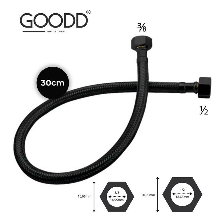 Flexibele aansluitslang mat Zwart 30 CM - 1/2 inch en 3/8 in, Doe-het-zelf en Verbouw, Sanitair, Nieuw, Ophalen of Verzenden