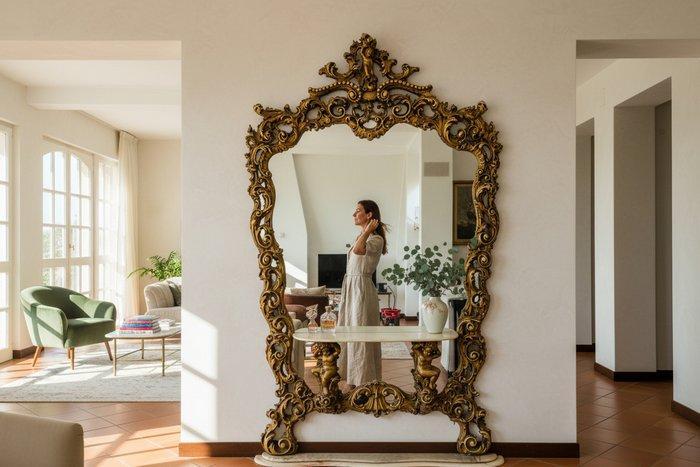 Wandspiegel - Hout, Marmer, Glas, goudblad - Spiegel met, Antiek en Kunst, Curiosa en Brocante