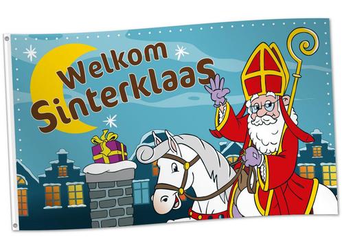 Vlag Welkom Sinterklaas Cartoon (150x90cm), Hobby en Vrije tijd, Feestartikelen, Nieuw, Ophalen of Verzenden