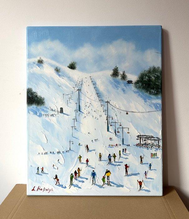 Julie Khaliniu (XX) - Winter ski fun, Antiek en Kunst, Kunst | Schilderijen | Modern