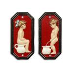 A PAIR OF CAST IRON BOY AND GIRL TOILET PLAQUES - RED, Verzenden