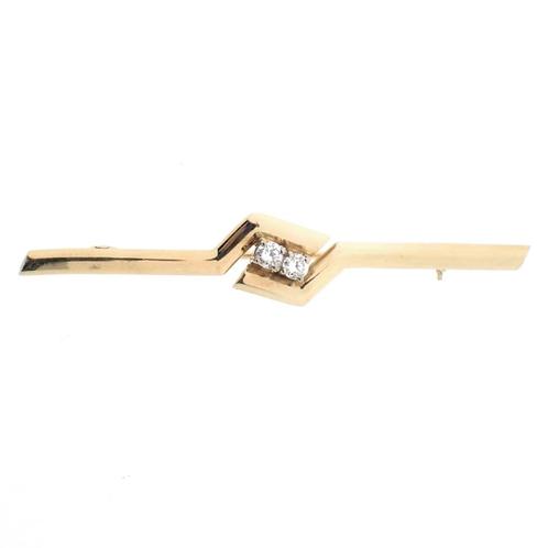 Gouden lange smalle broche met diamanten 0,20 ct., Sieraden, Tassen en Uiterlijk, Broches, Overige kleuren, Gebruikt, Met edelsteen