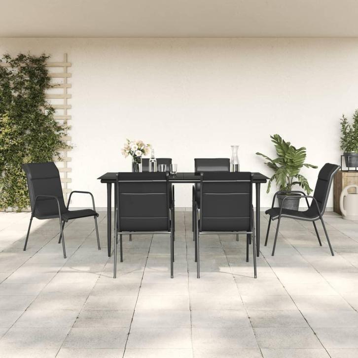 vidaXL 7-delige Tuinset textileen en staal zwart, Tuin en Terras, Tuinsets en Loungesets, Tuinset, Nieuw, 6 zitplaatsen, Rvs, Verzenden