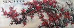 INK AND COLOR ON PAPER PAINTING RED PLUM FLOWERS -