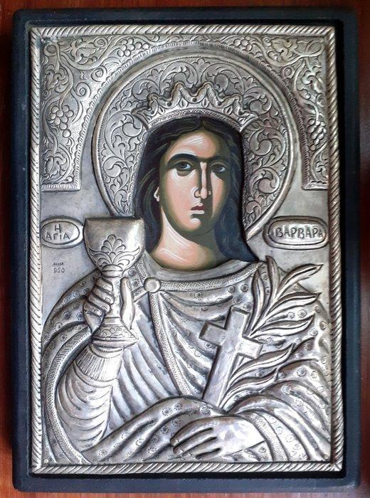Icoon - Sint Barbara - Zilver, Hout, Antiek en Kunst, Antiek | Boeken en Bijbels
