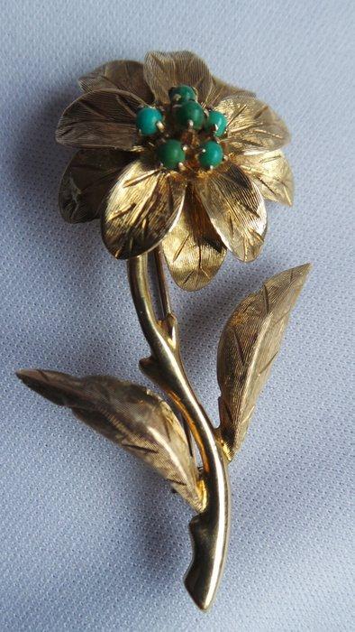 Zonder Minimumprijs - Broche - 9 kt. Geel goud Turquoise -, Sieraden, Tassen en Uiterlijk, Antieke sieraden
