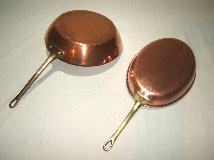Een koperen Franse koekenpan en een vispan - Pan - Koper,, Antiek en Kunst, Antiek | Keukenbenodigdheden