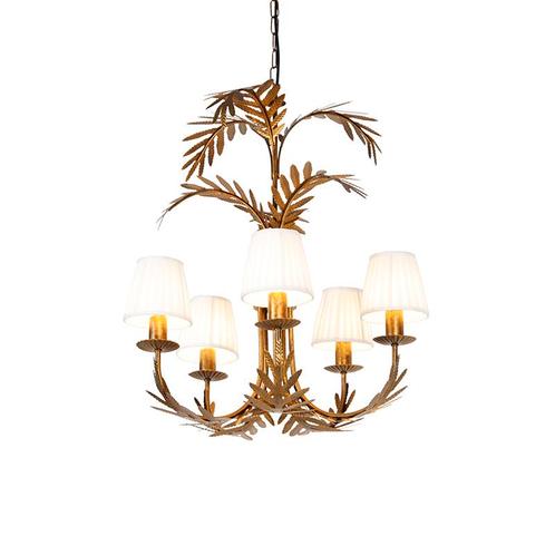 Kroonluchter goud met plissé klemkap crème 5-lichts -, Huis en Inrichting, Lampen | Kroonluchters