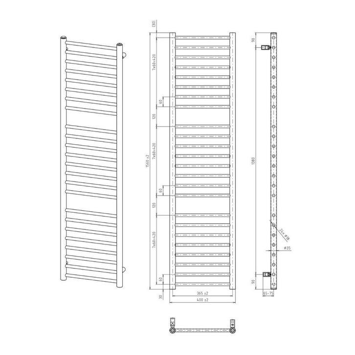 Handdoekradiator Sapho Dina Recht 40x156 cm Metallic, Doe-het-zelf en Verbouw, Verwarming en Radiatoren, Ophalen of Verzenden